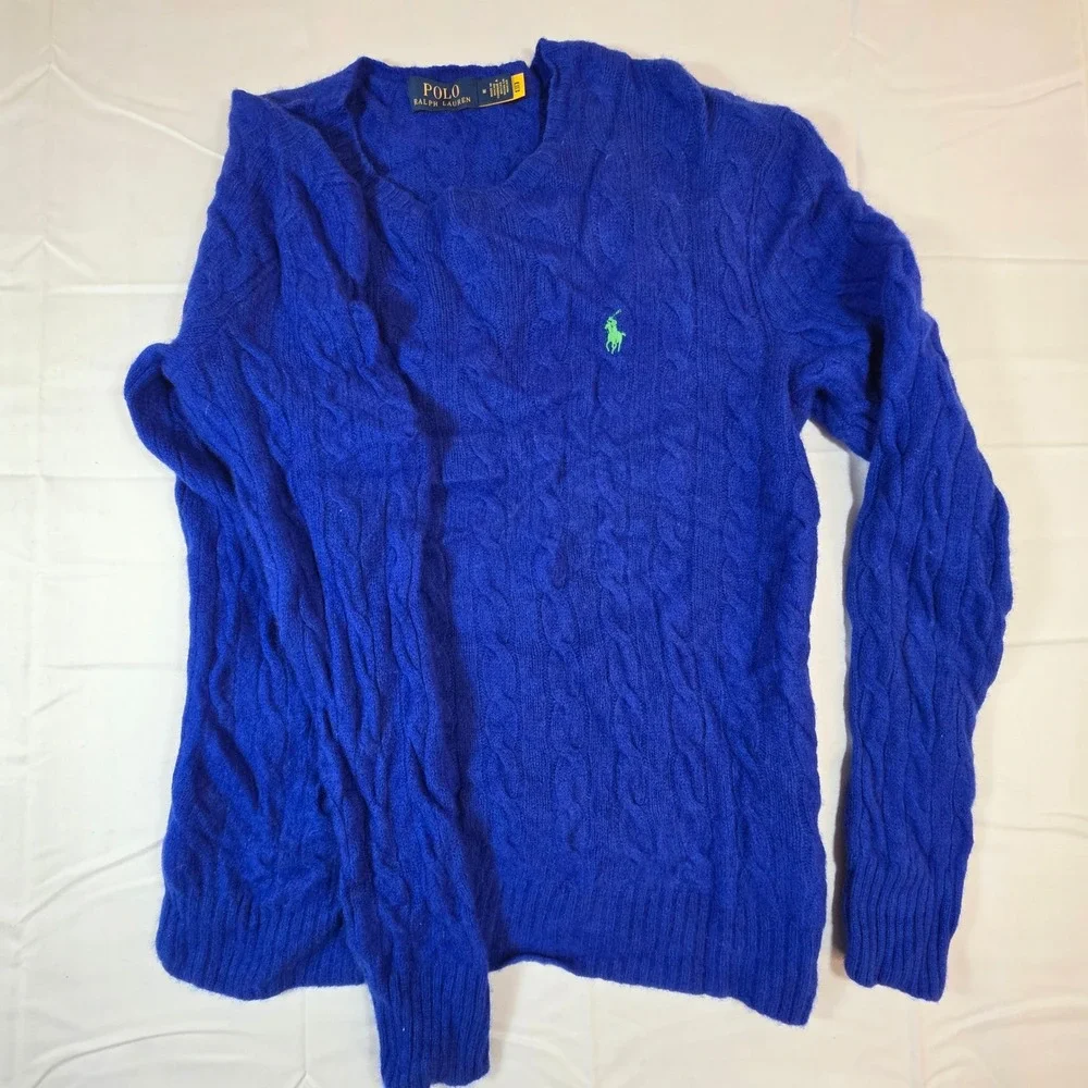 Polo Ralph Lauren Wool Cashmere Cable Knit Sweater Royal Blue Green Pony Mens M